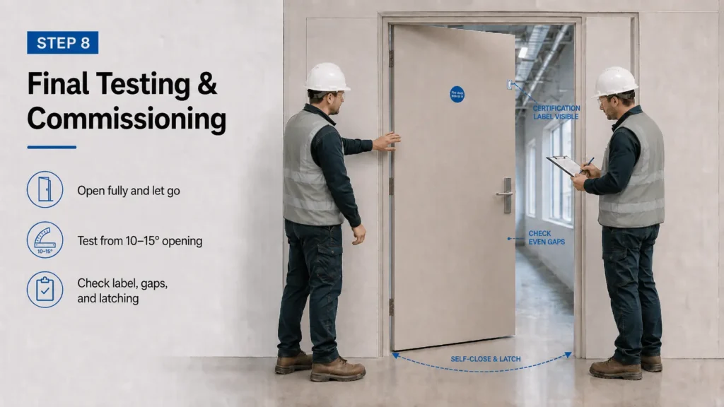 Testing a fire door's self-closing and latching during final commissioning