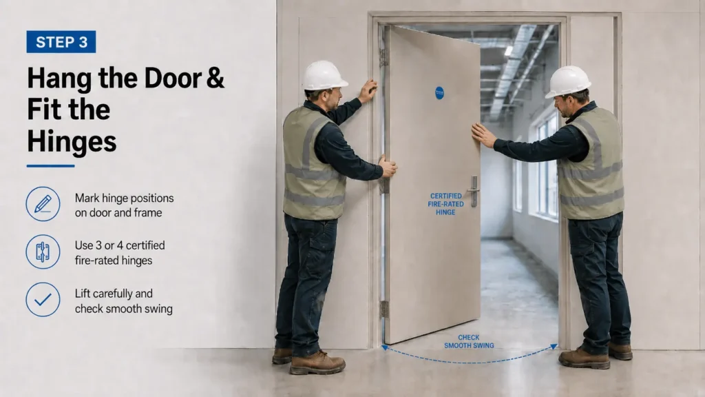Two installers hanging a fire-rated door on certified hinges