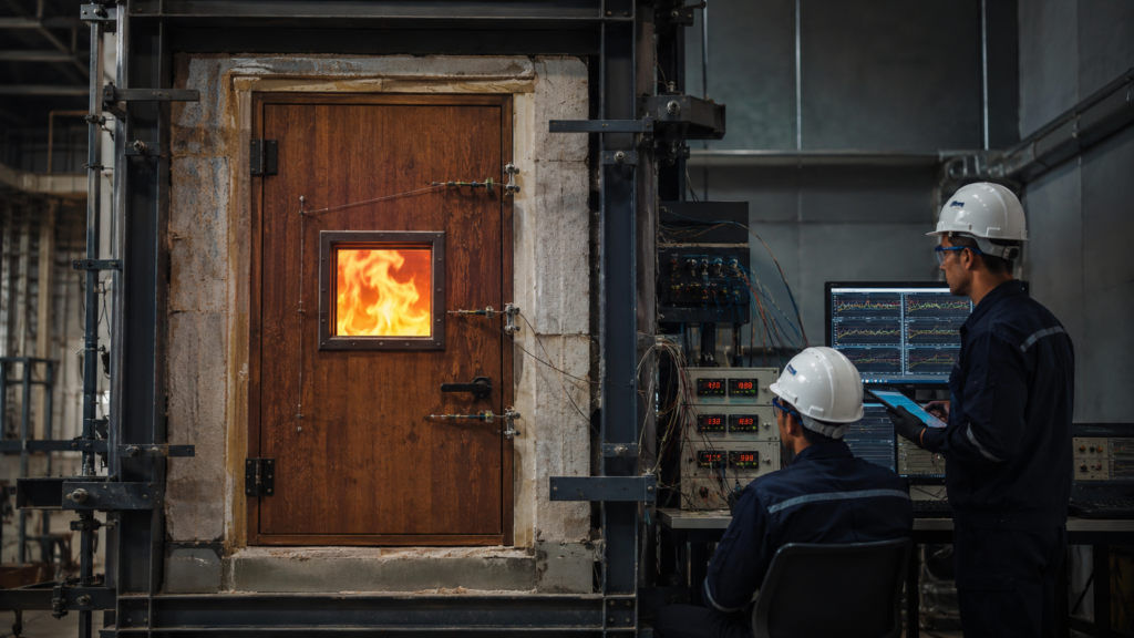 CBRI Testing Explained: How a Fire Door Earns Its Certification Wooden fire door mounted in a full-scale furnace during an IS 3614 fire-resistance test at a certification laboratory