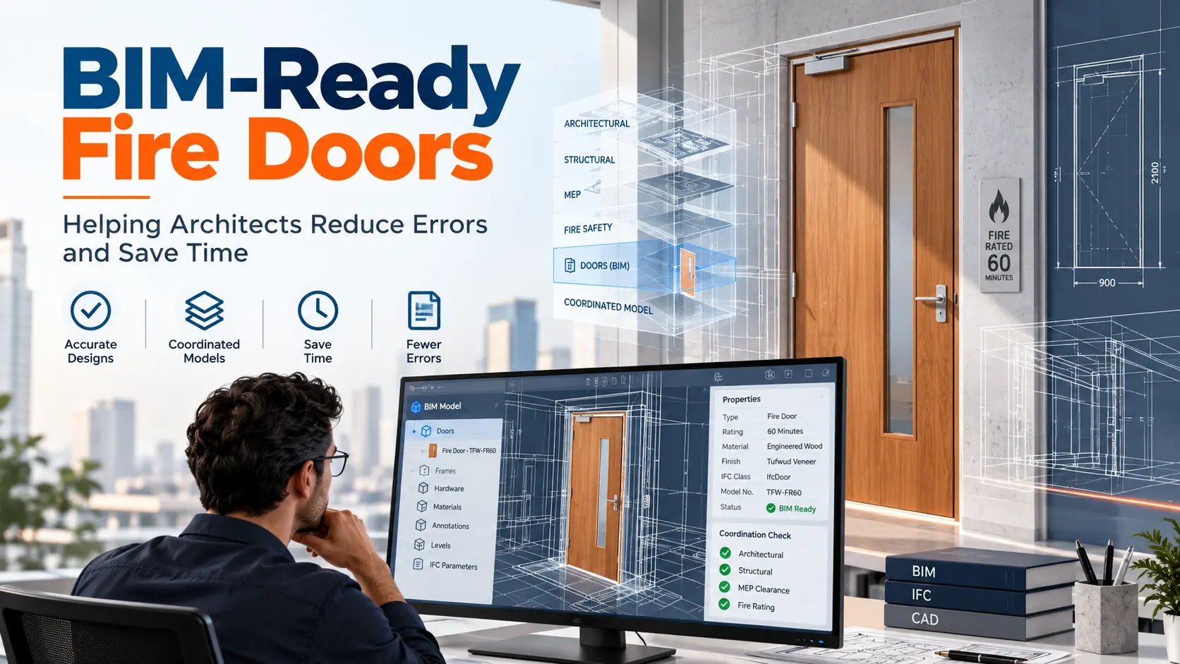 BIM-Ready Fire Doors: Helping Architects Reduce Errors and Save Time BIM-ready fire doors shown in an architect’s BIM model with FD60 rating, frame and hardware data